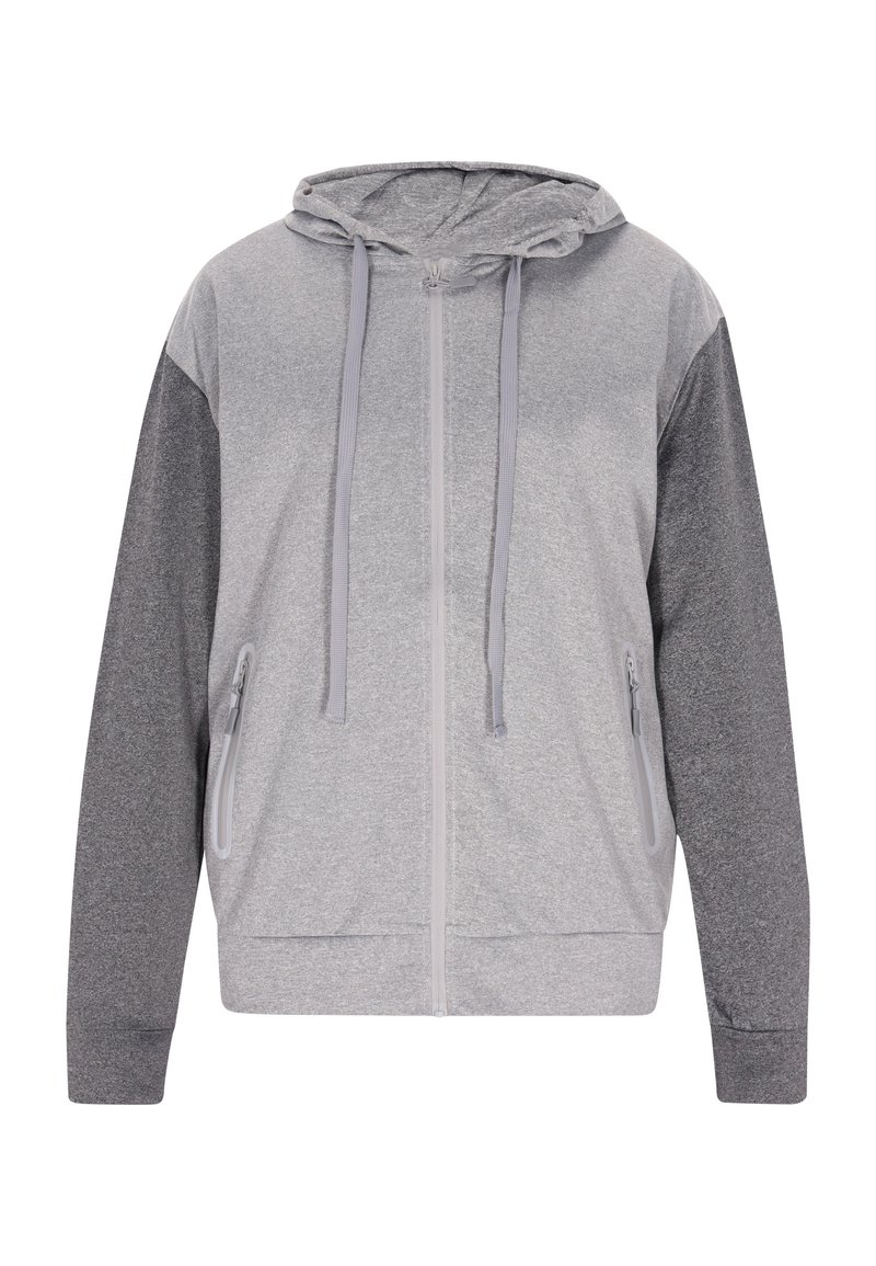 Graue Zip-Up-Hoodie mit einem helleren grauen Körper und dunkler grauen Ärmeln, ausgestattet mit einer Kordelzugkapuze und zwei seitlichen Reißverschlusstaschen.