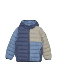 Giacca imbottita con cappuccio, in tonalità di blu e beige con un design bicolore. Tessuto testurizzato con sezioni trapuntate e zip frontale.