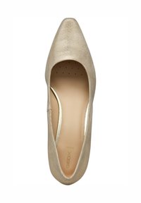 Ballerine beige con motivo geometrico e punta affusolata; texture liscia; contrassegnate con "GEOX" sulla suola; interni imbottiti morbidi.