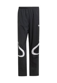 Svarta träningsbyxor med elastisk midja, med vita böjda ränder på sidorna och en liten vit logotyp på framsidan.