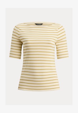 Top de manga corta a rayas en crema y oro, con escote cuadrado y tejido suave y elástico. Diseño sencillo con rayas horizontales.