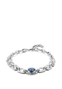 Pulsera de cadena de plata con eslabones enlazados asimétricos y una piedra preciosa azul central. Textura suave y acabado pulido.