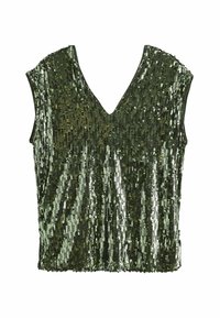 Haut vert à sequins avec un col en V, présentant une surface texturée et des manches courtes, reflétant la lumière avec différentes nuances de vert.