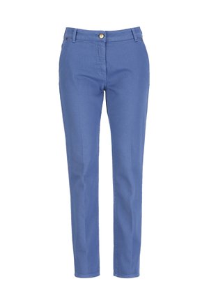 Blauwe, slim-fit damesbroek met knoop- en ritssluiting aan de voorkant, riemlussen en zijzakken, afgebeeld tegen een witte achtergrond.