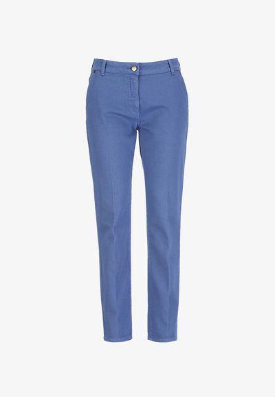 Blue slim-fit women's trousers with front button and zip closure, belt loops, and side pockets, shown against a white background.