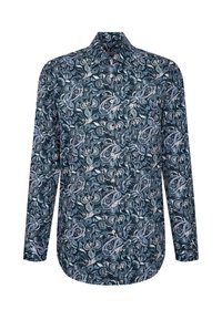 Camicia a maniche lunghe color verde scuro con un motivo a paisley in bianco e azzurro chiaro. Presenta un colletto button-down e chiusura frontale con bottoni.