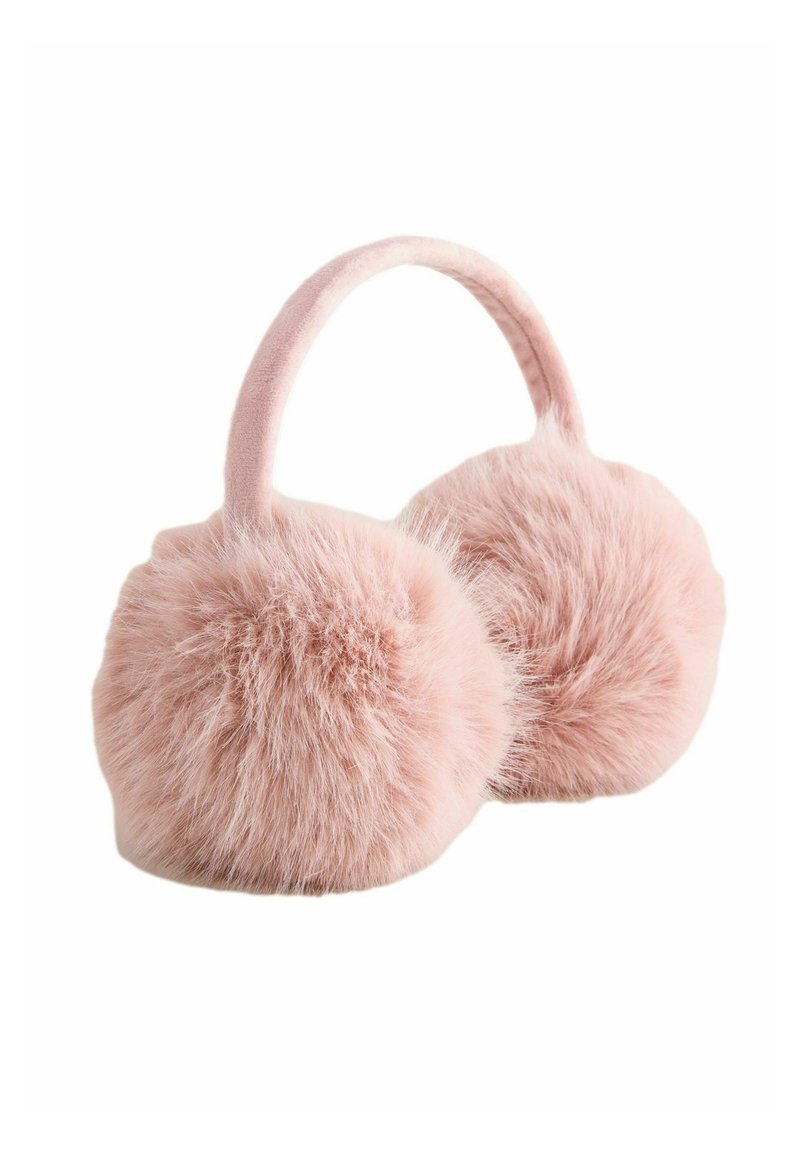 Rosa fuskpäls öronmuffar med en mjuk, fluffig textur och ett böjt tygband, som har två pom-pom-liknande ändar för värme.