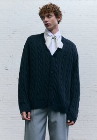 Dark navy cable-knit cardigan with a v-neck, four buttons, and ribbed cuffs. Worn over a striped shirt and a green-accented scarf.