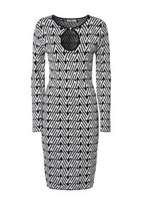 Schwarz-weißes, figurbetontes Kleid mit langen Ärmeln, das ein geometrisches Muster aufweist und einen runden Ausschnitt am Hals. Struktur des Strickstoffs.