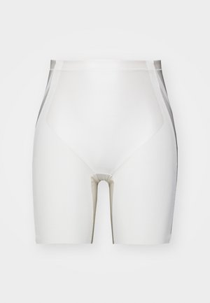 Hvide shapewear shorts med en glat overflade, høj talje og sømløse sider. Har en forstærket midte for støtte og et strømlinet design.