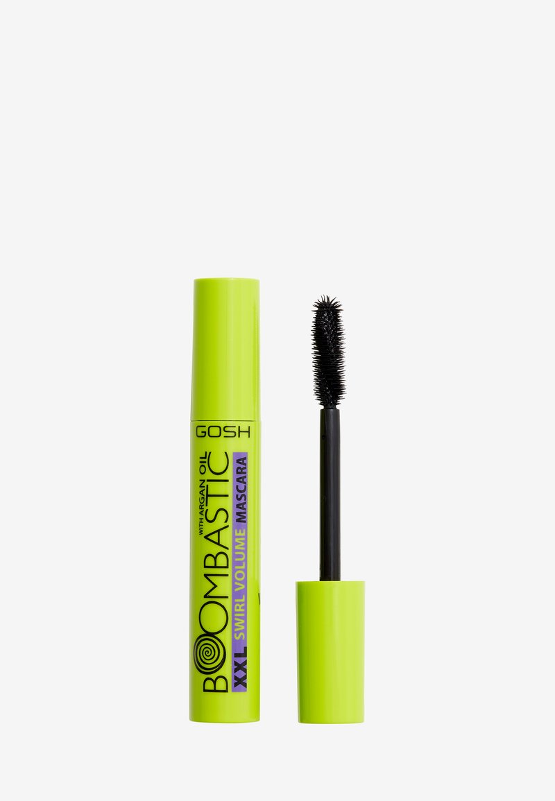 Mascara GOSH Boombastic XXL Swirl Volume in un tubo verde brillante, dotata di un pennello a setole nere, progettata per aumentare il volume.