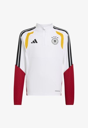 Balta garām piedurknēm sporta krekls ar augstu apkakli, melnām un dzeltenām akcentēm, sarkaniem teksturētiem piedurknēm un Vācijas futbola emblēmu.