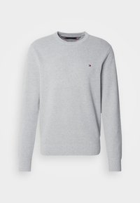 Hellgrauer Rundhals-Sweatshirt aus strukturiertem Stoff mit langen Ärmeln, gerippten Bündchen und Saum, versehen mit einem kleinen strukturierten Logo auf der Brust.