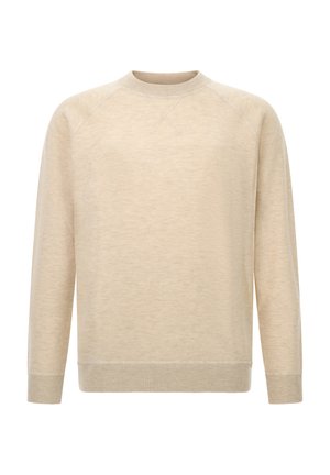 Sudadera beige con cuello redondo, puños y dobladillo de canalé, y mangas raglán. Tejido suave y texturizado con sutiles variaciones de color.
