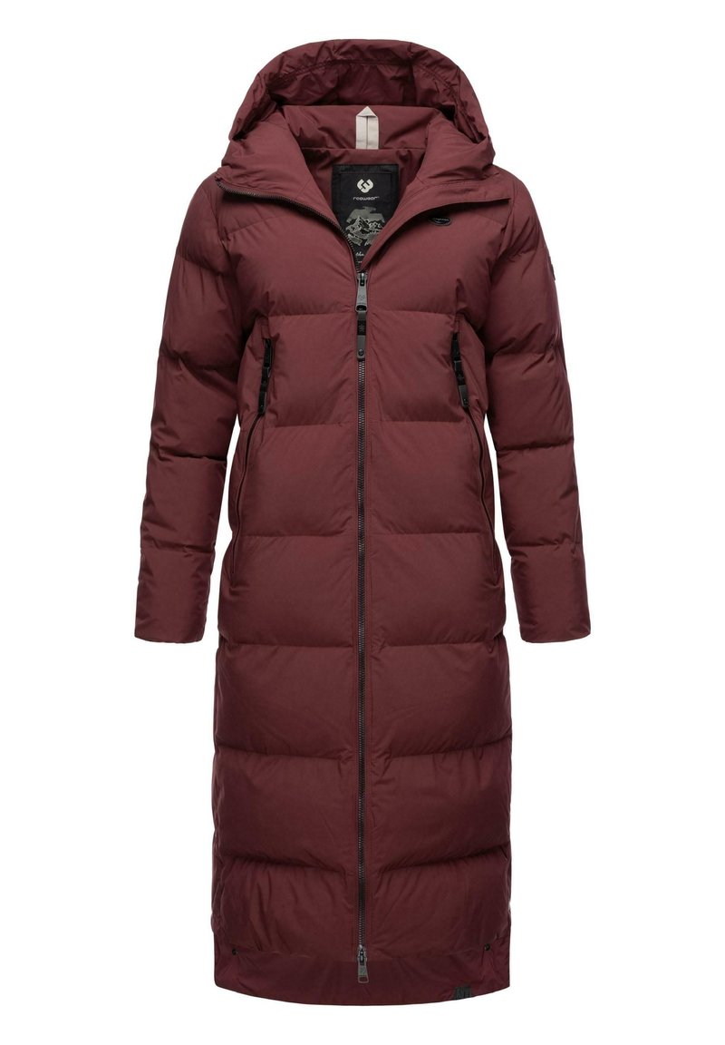 Maroon down coat with a hood, featuring a full front zipper, side pockets, and quilted texture. Extended length for added warmth.