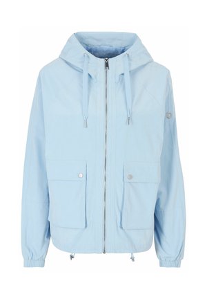 Lichtblauw gewatteerd jack met capuchon, ritssluiting aan de voorkant, verstelbare koordjes, twee grote klepzakken met knopen en elastische manchetten.