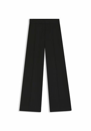 Pantalon noir à jambes larges, fabriqué dans un tissu lisse, avec des plis à l'avant et une taille haute. Aucune poche visible dans le design.