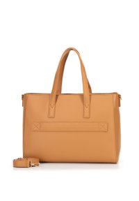 Bolso de mano de imitación cuero en tono marrón, con forma estructurada, dos asas superiores y una correa desmontable. Presenta costuras mínimas y una textura suave.