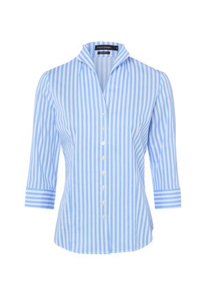 Blauw-wit gestreept overhemd met verticale strepen, knoopsluiting, driekwart mouwen en een puntige kraag, gelabeld als "Regular Fit" door Franco Callegari.