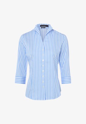 Blue and white vertical striped button-up shirt with three-quarter sleeves and a pointed collar, labeled "Regular Fit" by Franco Callegari.