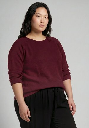 Vrouw met lang donker haar, die een bordeauxrode trui met lange mouwen en een zwarte broek draagt, staand voor een effen lichte achtergrond.