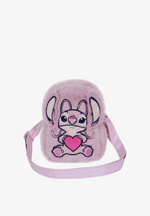 Pequeño bolso bandolera rosa peludo con dibujo bordado de un ratón de dibujos animados sosteniendo un corazón rosa brillante y correa rosa ajustable a juego.