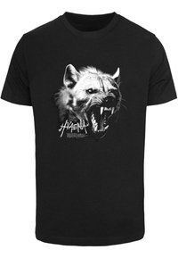 Black cotton t-shirt featuring a large, graphic print of a roaring hyena in white and gray tones. Short sleeves and crew neck design.