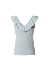 Hellblaues Tanktop mit V-Ausschnitt, das am Halsausschnitt eine Rüsche hat. Aus einem gerippten Stoff gefertigt.