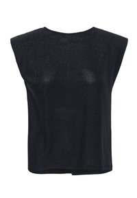 Musthave tume ilma varrukatop, millel on laiad õlad ja õrn särav viimistlus, ümmargune kaelus ja sirge äär.