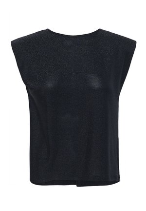 Juodas be rankovių viršus su plačiais petiais ir subtiliu blizgesiu, su apvaliu iškirpimu ir tiesiu kraštu.