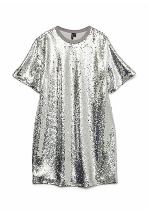 Silver sequined dress with short sleeves, round grey neckline, and straight cut. Smooth texture with shimmering surface pattern.