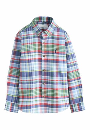 Košeľa na zapínanie s dlhým rukávom s viacfarebným károvaným vzorom v modrej, červenej, zelenej a žltej farbe, s malým námorníckym logom jelena na hrudi.