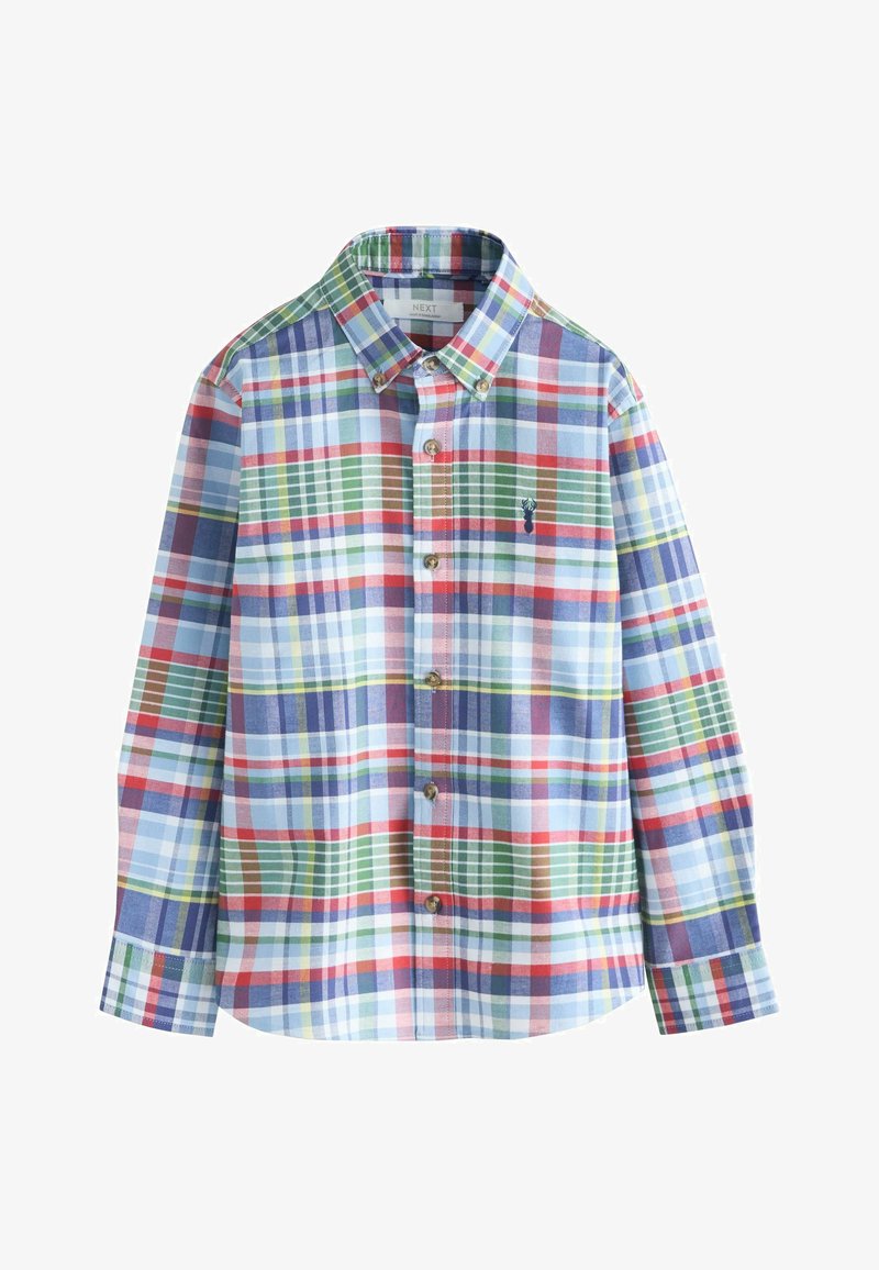 Chemise à manches longues boutonnée avec motif à carreaux multicolores en bleu, rouge, vert et jaune, avec un petit logo cerf marine sur la poitrine.