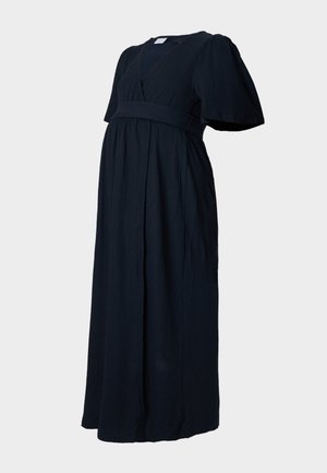 Temno modra maxi obleka iz teksturirane tkanine, s podolgovatim izrezom, napihnjenimi rokavi in z zloženim pasom za ohlapen kroj.