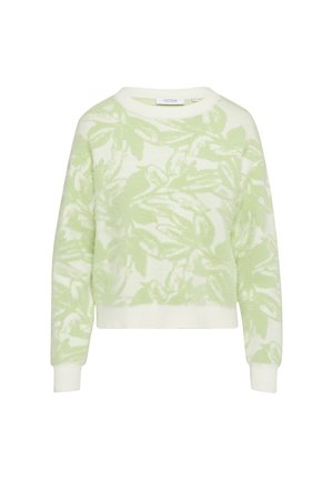 Light green cropped sweater with abstract leaf pattern, soft texture, and ribbed white cuffs and hem. Label on the neckline.