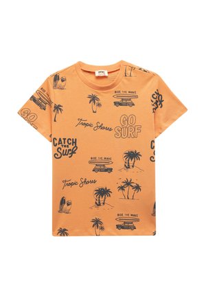 Orange Baumwoll-T-Shirt mit schwarzen Grafikdrucks von Palmen, Surfbrettern und Autos. Rundhalsausschnitt und kurze Ärmel.