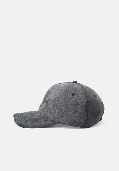Gray baseball cap with a textured fabric, curved brim, and embroidered lightning bolt detail on the side. Adjustable strap at the back.