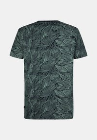 Kortærmet t-shirt i mørk navy med et grønt bladmønster. Har rund hals og blød stoftekstur.