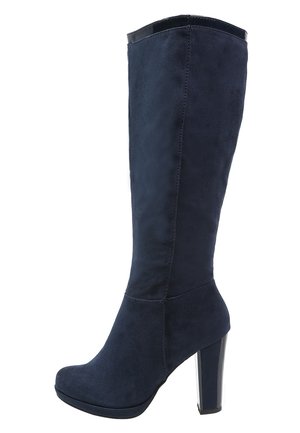 Botte haute en daim bleu marine pour femme avec bout arrondi et talon haut bloc, avec une légère plateforme et une bordure lisse en haut.