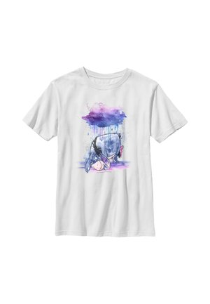 Hvid t-shirt med et akvarel-stil tryk af Æor æsel under en lilla og blå regnsky, som drypper maling.