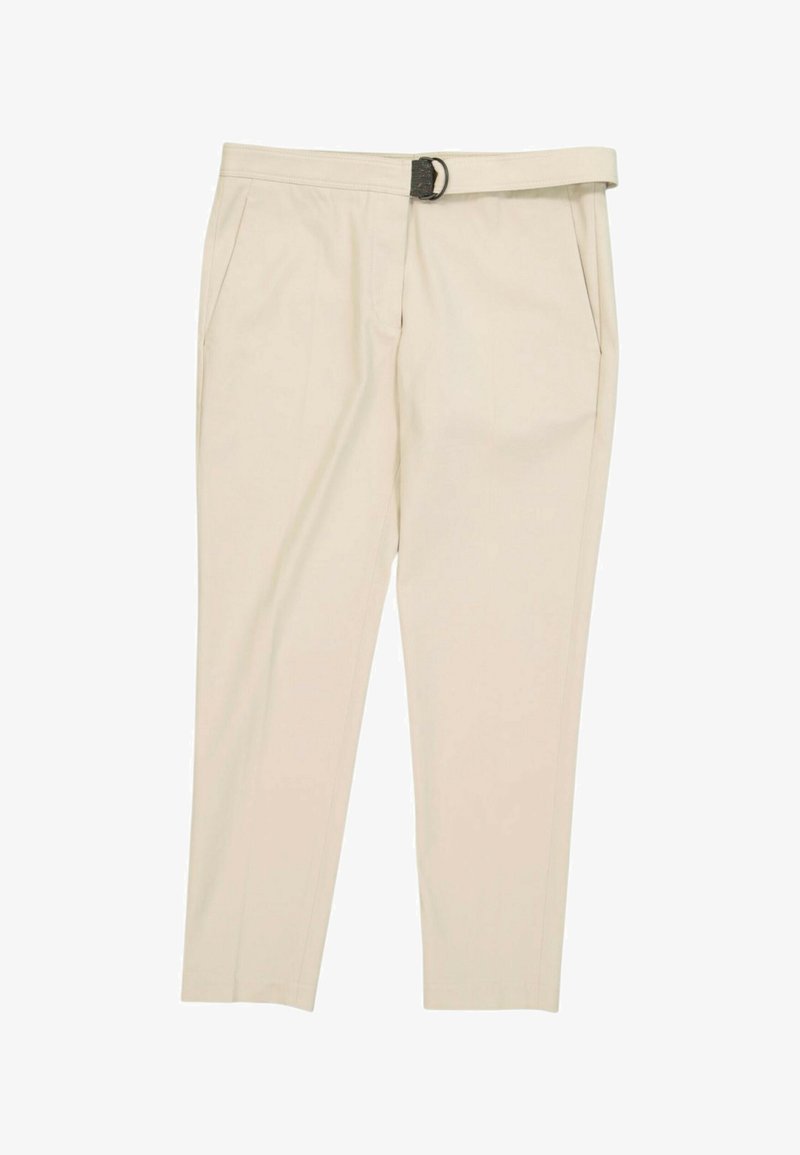 Pantalon beige sur mesure avec ceinture intégrée avec boucle noire, poches latérales et coupe droite.