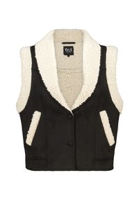 Zwarte vest met een donzige witte kraag en voering, voorzien van twee voorzakken en een knoopsluiting. Materiaal lijkt zacht en gestructureerd.