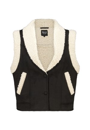 Zwarte vest met een donzige witte kraag en voering, voorzien van twee voorzakken en een knoopsluiting. Materiaal lijkt zacht en gestructureerd.