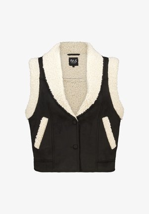 Zwarte vest met een donzige witte kraag en voering, voorzien van twee voorzakken en een knoopsluiting. Materiaal lijkt zacht en gestructureerd.