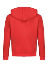 Sudadera roja con capucha y mangas largas, hecha de tejido suave. Presenta un bolsillo tipo canguro y puños y dobladillo acanalados. Sin gráficos ni adornos.
