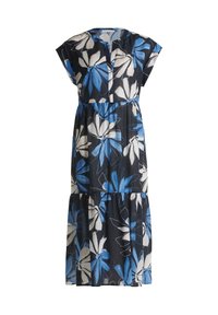 Robe fleurie en bleu marine et blanc avec de grandes fleurs bleues et blanches. Présente des manches courtes, une patte de boutonnage et une jupe à volants.