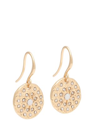 Gold-tone round dangle earrings with a hammered texture, central white stone, and small clear crystals arranged in a circular pattern.