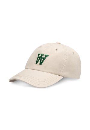 Beige baseballkasket med grønt broderet dobbelt "W"-logo foran, buet skygge og syede ventilationshuller.