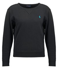 Svart sweatshirt i mjukt material, med rund halsringning, långa ärmar och en liten turkos logotyp på bröstet.