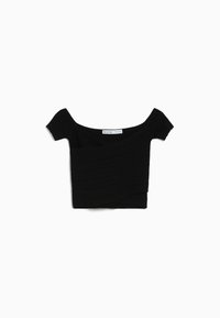 Svart off-shoulder topp med korta ärmar, ribbad textur och en figurnära design med en inslagseffekt vid fållen.